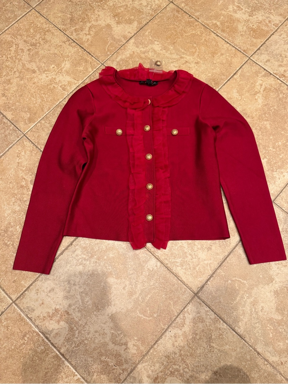 New Boston Proper Red Ruffle-Front Cardigan Jacket